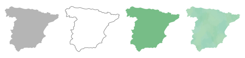 Obraz premium Set of Spain map silhouettes in gray, outline, flat green, and watercolor texture styles.