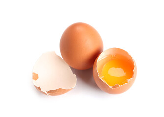 Brown chicken eggs on white background