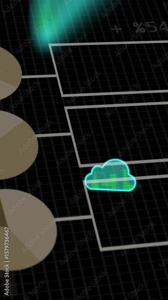 Poster animation of data processing and clouds over dark background