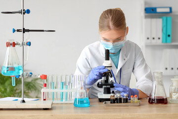Female scientist with medical mask looking through microscope in laboratory