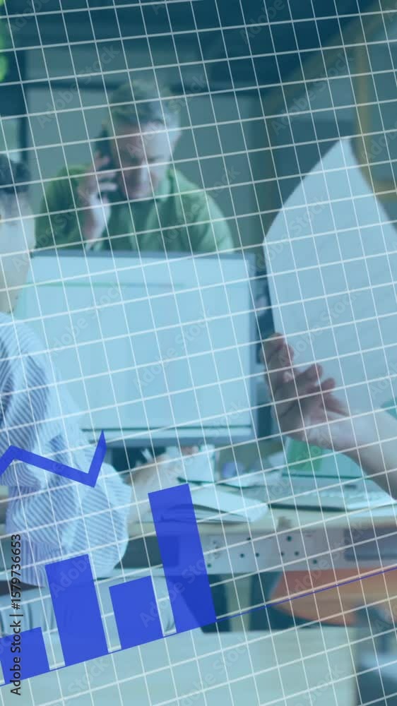 Poster business people working in office with financial graphs and data processing animation