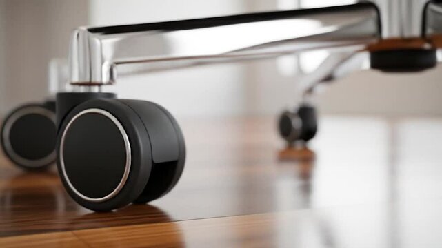 Rolling into Focus: Close-Up of Office Chair Wheels on Gleaming Wooden Floor