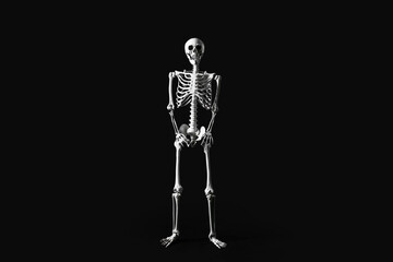 Scary human skeleton on black background