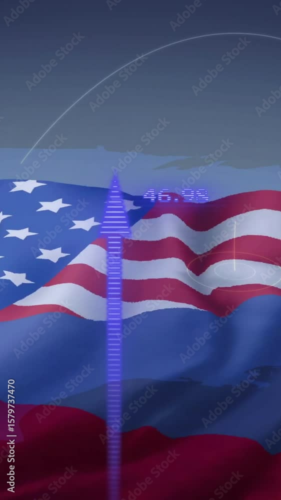 Poster american and russian flags with data processing animation overlaid
