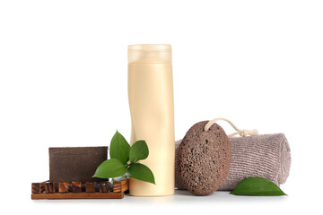 Composition with bottle of shower gel, pumice stone, soap and towel isolated on white background,...