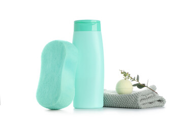 Composition with bottle of shower gel, towel and bath sponge isolated on white background