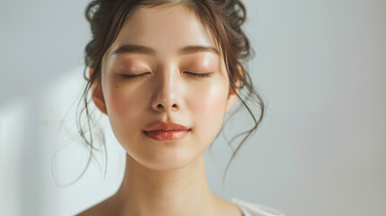 Close-up photo of a beautifully skinned 20-something model woman's face with her eyes closed looking straight ahead.