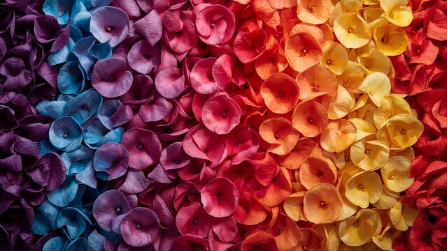 A vibrant gradient of flower petals, transitioning from blue and purple to red, orange, and yellow, creating a colorful textured background.
