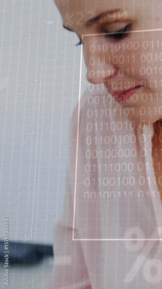 Poster binary code and financial data animation over businesswoman working in office