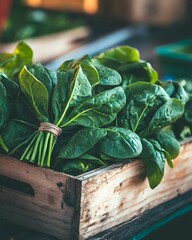 Fresh Green Spinach Bundle in Wooden Crate at Organic Farmers Market Stand