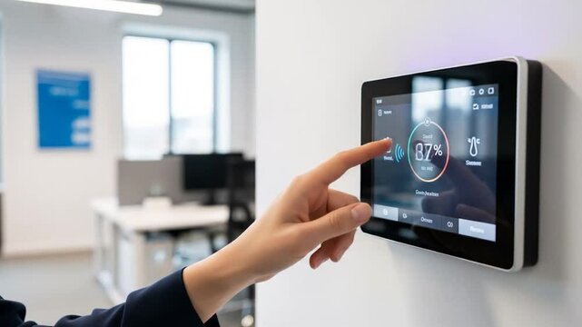Smart Home Control: Finger Interacting with Digital Thermostat on Wall in Modern Office