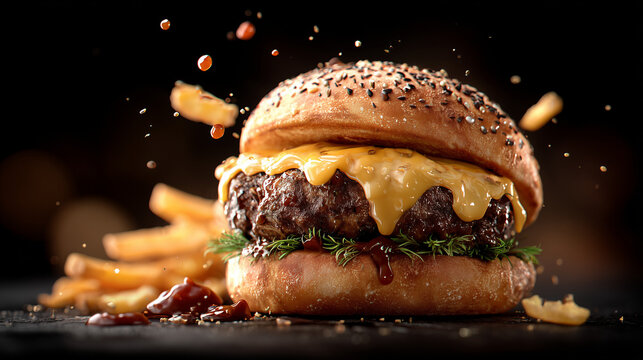 Exploding cheeseburger dynamic photography | Fast food advertising material