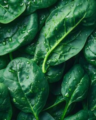 Fresh Green Spinach Leaves with Water Droplets on Vibrant Background