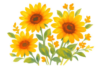 Naklejka premium Sunflowers bursting with golden hues, surrounding delicate yellow blossoms, radiating summer warmth against clear backdrop