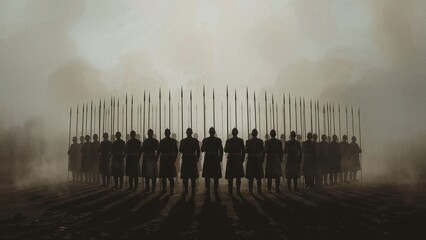 A group of soldiers stand in a circle formation, holding spears, silhouetted against a hazy, dusty background.