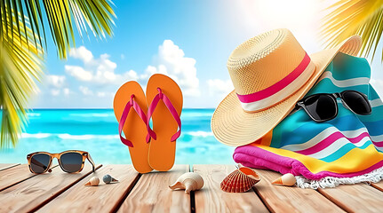 Tropical beach vacation essentials including flip flops sunglasses hat and towel on wooden pier