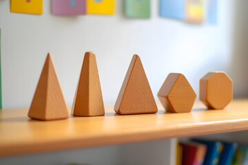 Wooden Geometric Shapes on a Shelf in a Bright and Colorful Classroom Environment