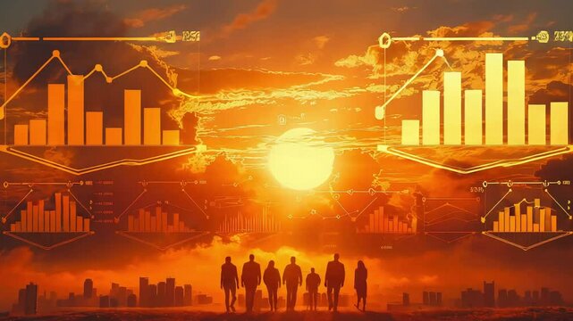 People walking towards sunset with data graphics footage