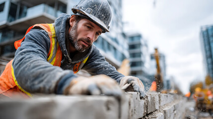 Construction Worker Laying Bricks at Urban Development Site Detailed Action Scene Industrial Environment Close-Up Viewpoint