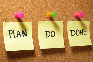 Visualizing Project Management Stages Through Simple Sticky Notes Pinned to a Corkboard Showing Plan Do Done Process Workflow