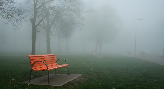 An orange park bench sits amidst a foggy landscape, trees obscured by mist.