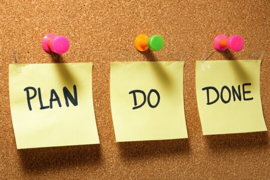 Visualizing Project Management Stages Through Simple Sticky Notes Pinned to a Corkboard Showing Plan Do Done Process Workflow