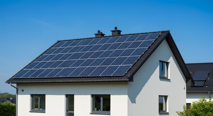 Obraz premium Solar panels installed on the roof of a modern white house under a clear blue sky, showcasing renewable energy.