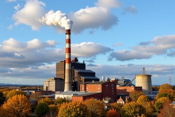 Obraz premium Industrial Landscape with Smokestack and Autumn Trees at Sunset