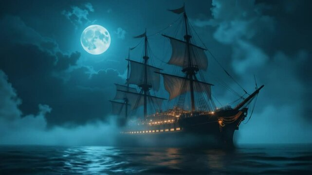 Mysterious pirate ship sailing in the sea under the moonlight with cloudy background video