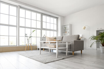 Interior of living room with soft couch, table and shelf units