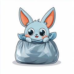 A cheerful cartoon bunny with large eyes and pink ears peeks happily out of a gray sack.