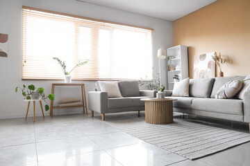 Interior of living room with grey sofas, table and shelf unit