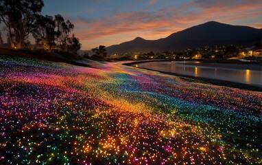 A breathtaking sunset lights up a field of glowing rainbow-colored bulbs near a peaceful riverbank surrounded by hills.