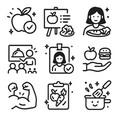 Health food education icons for guidance on healthy eating and nutritious food choices. Suitable for nutrition blogs, diet plans, and wellness websites.