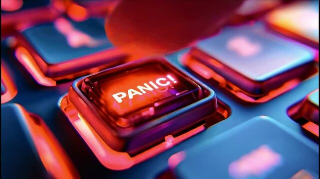 Finger Pressing Red "PANIC!" Button on Keyboard for Emergency, Stress, or Alert
