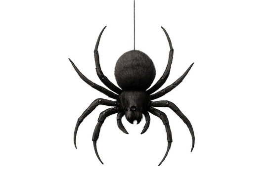 Realistic black spider dangling against transparent background, adding eerie essence for halloween graphic design and spooky visual projects