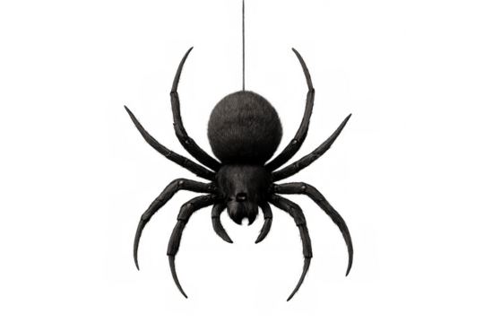 Realistic black spider dangling against transparent background, adding eerie essence for halloween graphic design and spooky visual projects