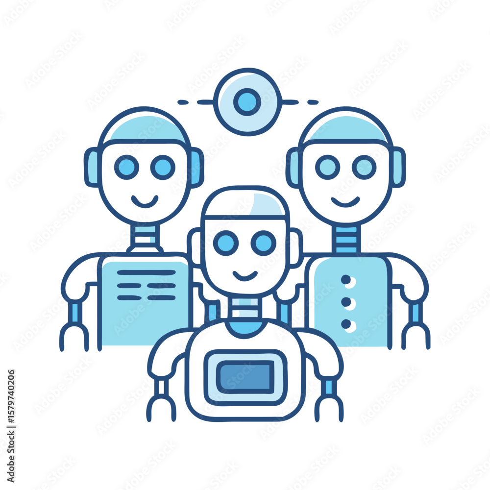 Poster three friendly robots with a central communication node on black