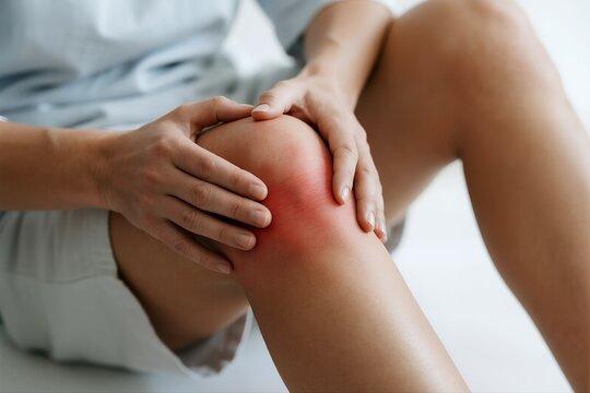 Person Holding Injured Knee (Close-up): A close-up of a person's hands holding their knee, which appears red and inflamed, indicating pain or injury.