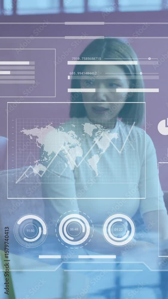 Poster discussing in office, professionals analyzing business data with visualization animation
