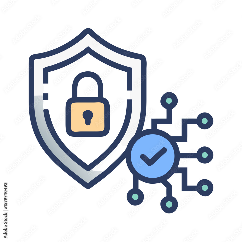 Poster cybersecurity shield with padlock and verified network connection