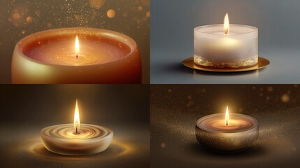 Four glowing candles, in different shapes & settings, each with a bright flame emitting warm light