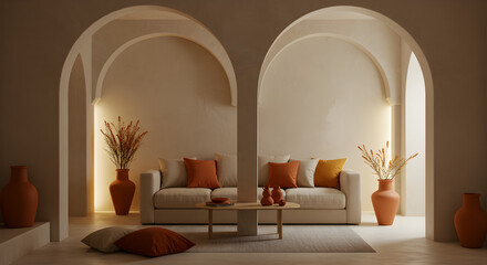 Serene Minimalist Living Room with Archways and Earthy Tones