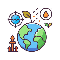 Earth with Climate Change and Sustainability Icons on Black Background