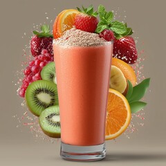 A refreshing fruit smoothie bursting with fresh kiwi, orange, banana, berries, and chia seeds in a colorful explosion.