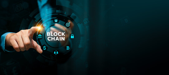 Blockchain technology concept with businessman hand touching virtual interface, secure...