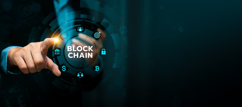 Blockchain technology concept with businessman hand touching virtual interface, secure decentralized digital ledger system for cryptocurrency, financial transaction, fintech innovation, data security