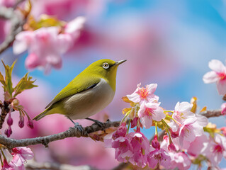 桜の枝にとまる春を感じさせるメジロの美しい姿