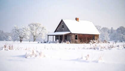 Rustic winter cabin in snowy field