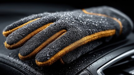 A waterproof detailing glove resting on a wet car hood, emphasizing durability and protection.
